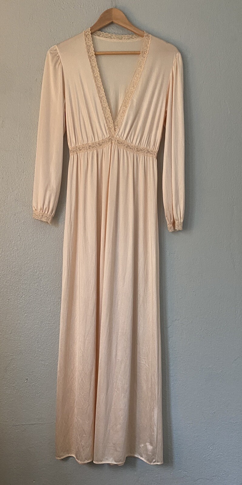 Vintage 60s 70s Sears Plunging Neckline Lacy Long Nightgown Peach 36 Small