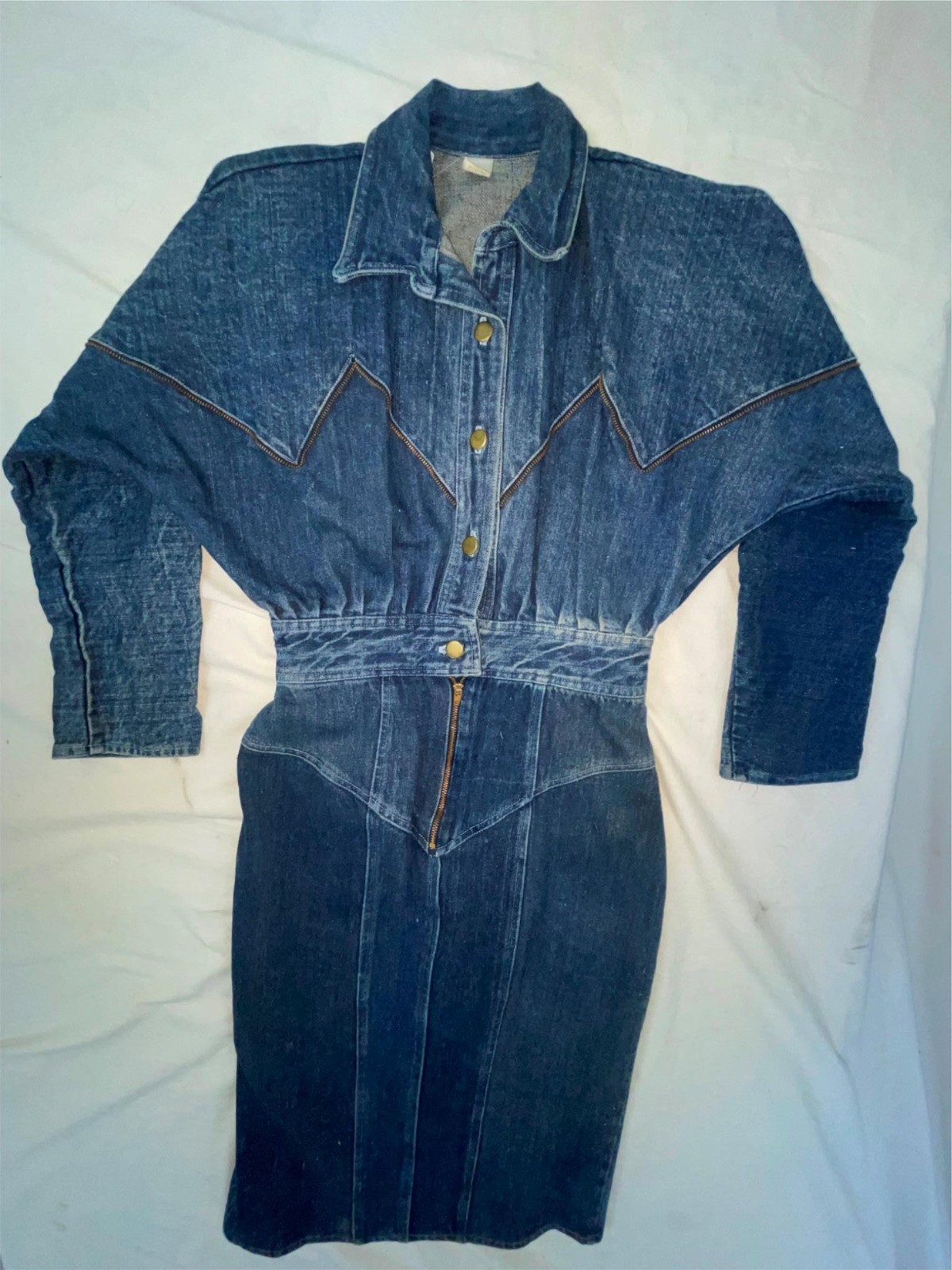 VTG 80S RETRO WOMENS 7/8 S DARK DENIM JEAN ZIPPER TRIM NEW WAVE BUTTON ZIP DRESS