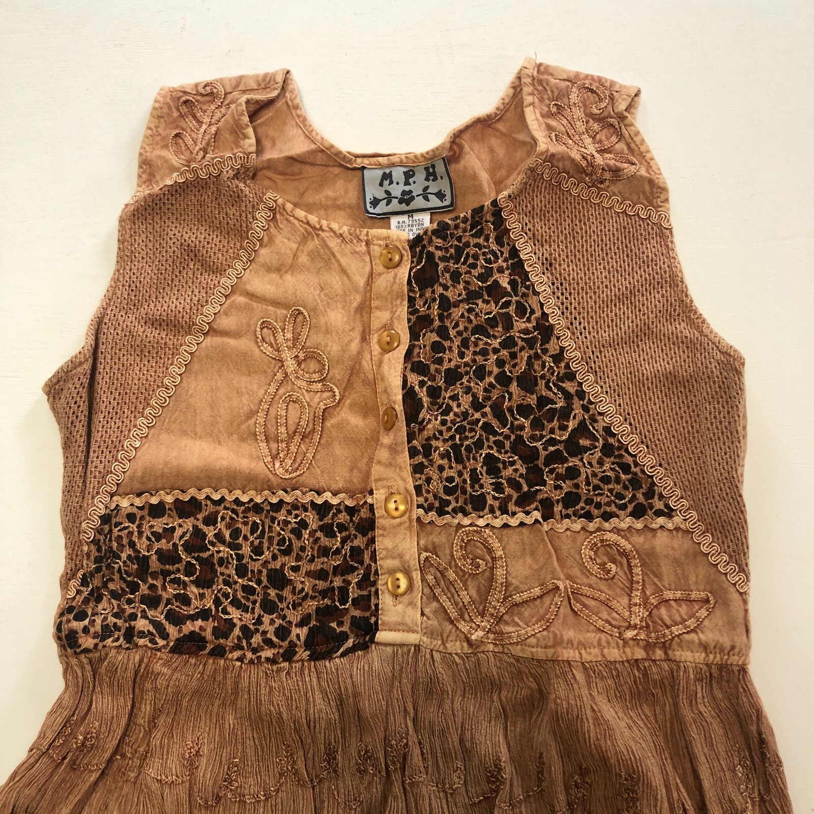 VTG 80s M.P.H. Funky Boho Hippie Embroidered Casual Midi Dress Sz M