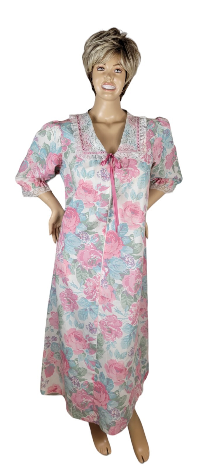 Vintage Wolverine Zip Dressing Gown Robe Pastel Floral Peter Pan Lace Collar L