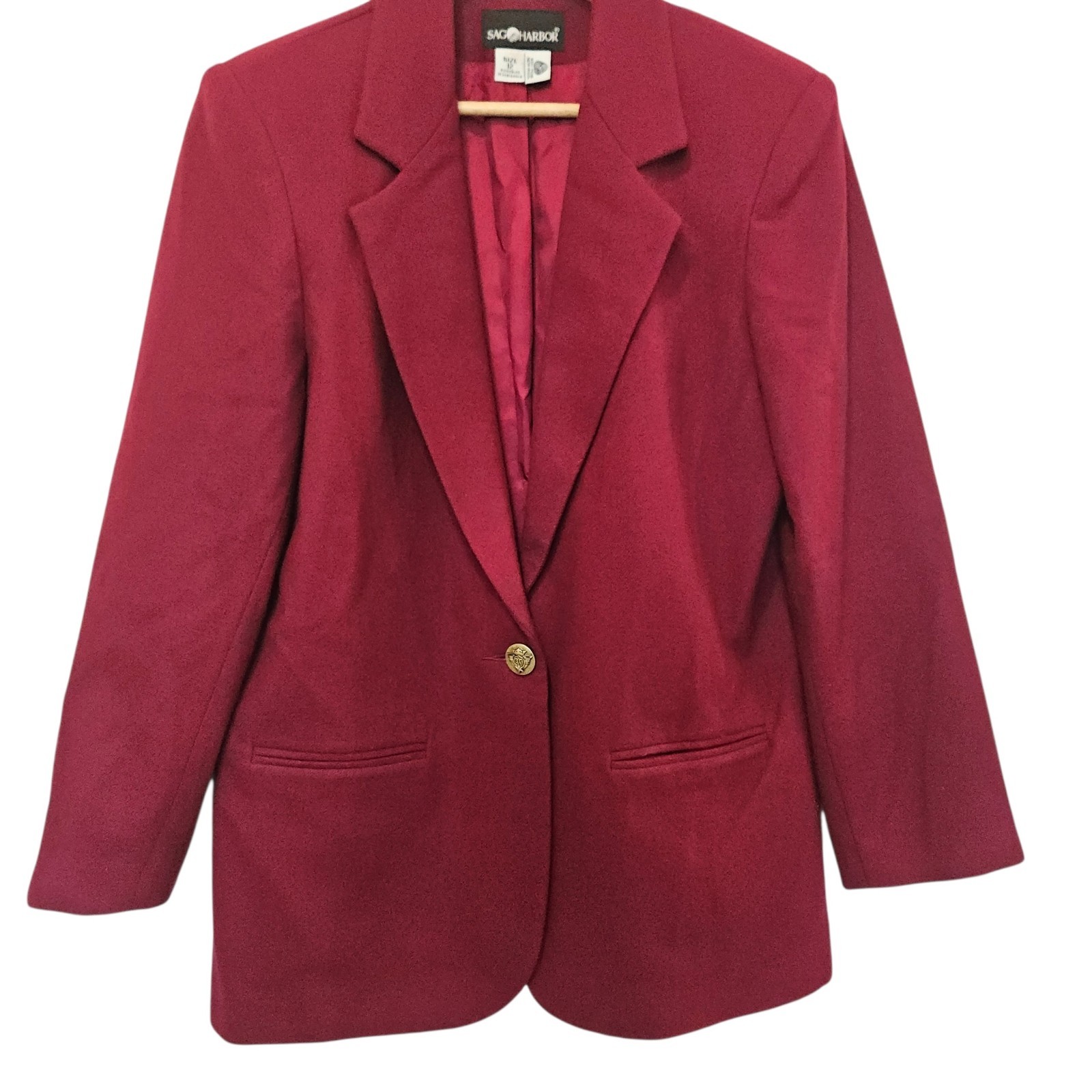 Sag Harbor Burgundy Wool Blend Blazer Women’s Size 12 Gold Crest…