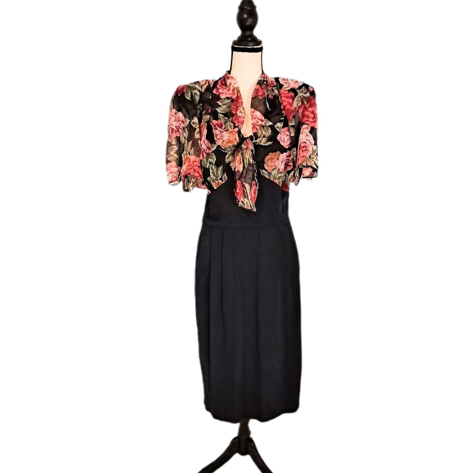 Vintage 80s Phoebe Floral Coquette Midi Dress 40s Inspired Silhouette Sz 14
