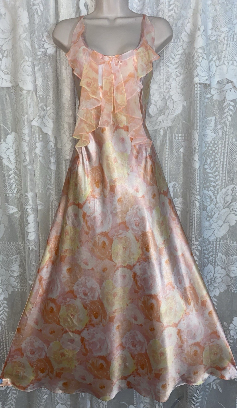 Vtg LXL Oscar de la Renta Tequila Sunrise Satin Floral Nightgown Chiffon Ruffles