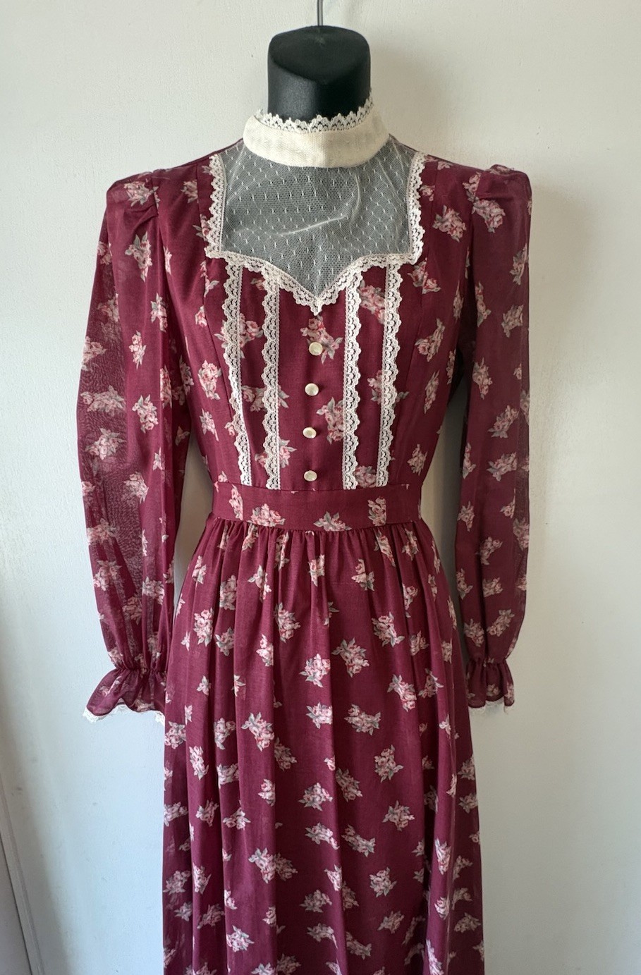VTG Candi Jones California Prairie Dress High Neck Maxi Cottagecore Lace SZ 2/4