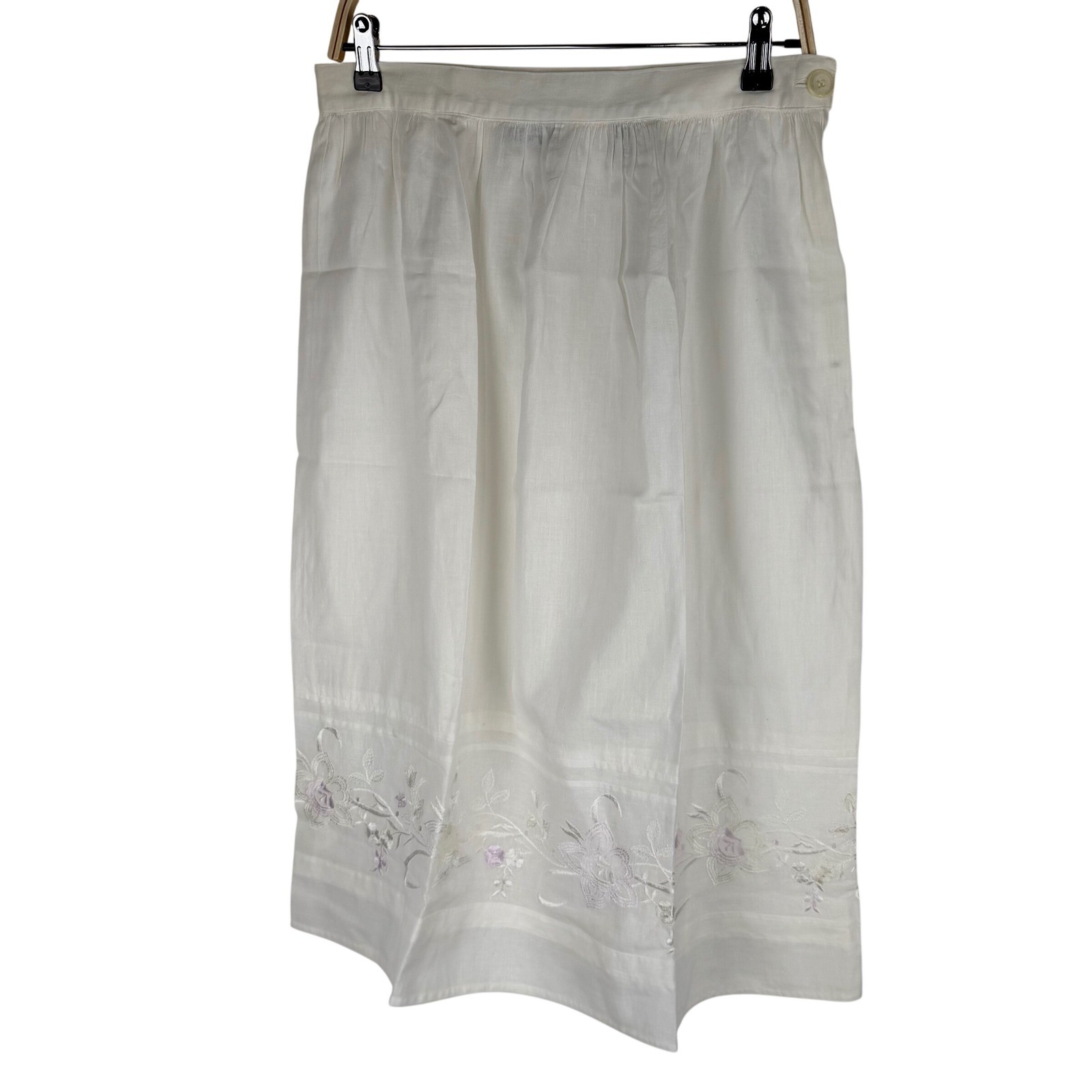 Nilani Vintage 80s White Linen Blend Floral Embroidered Midi Skirt Waist 31″