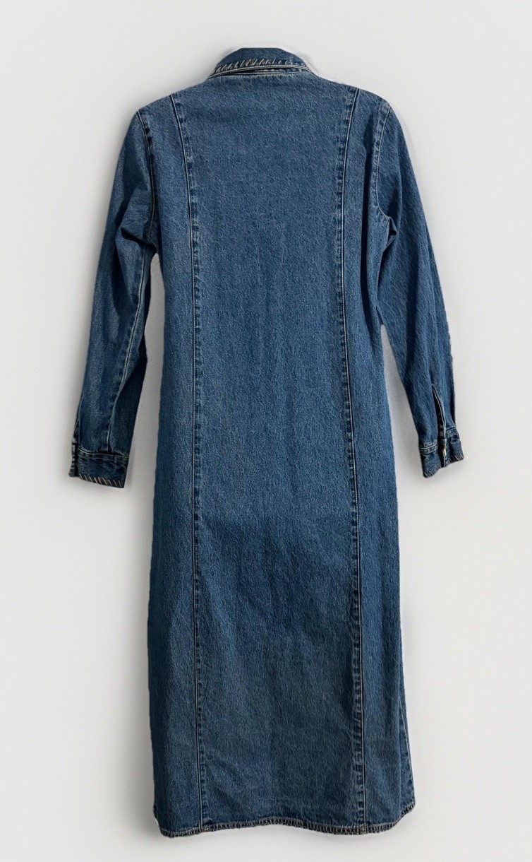 Vtg REAL COMFORT Denim Dress PS Maxi Long Sleeve Collared Button Casual Modest