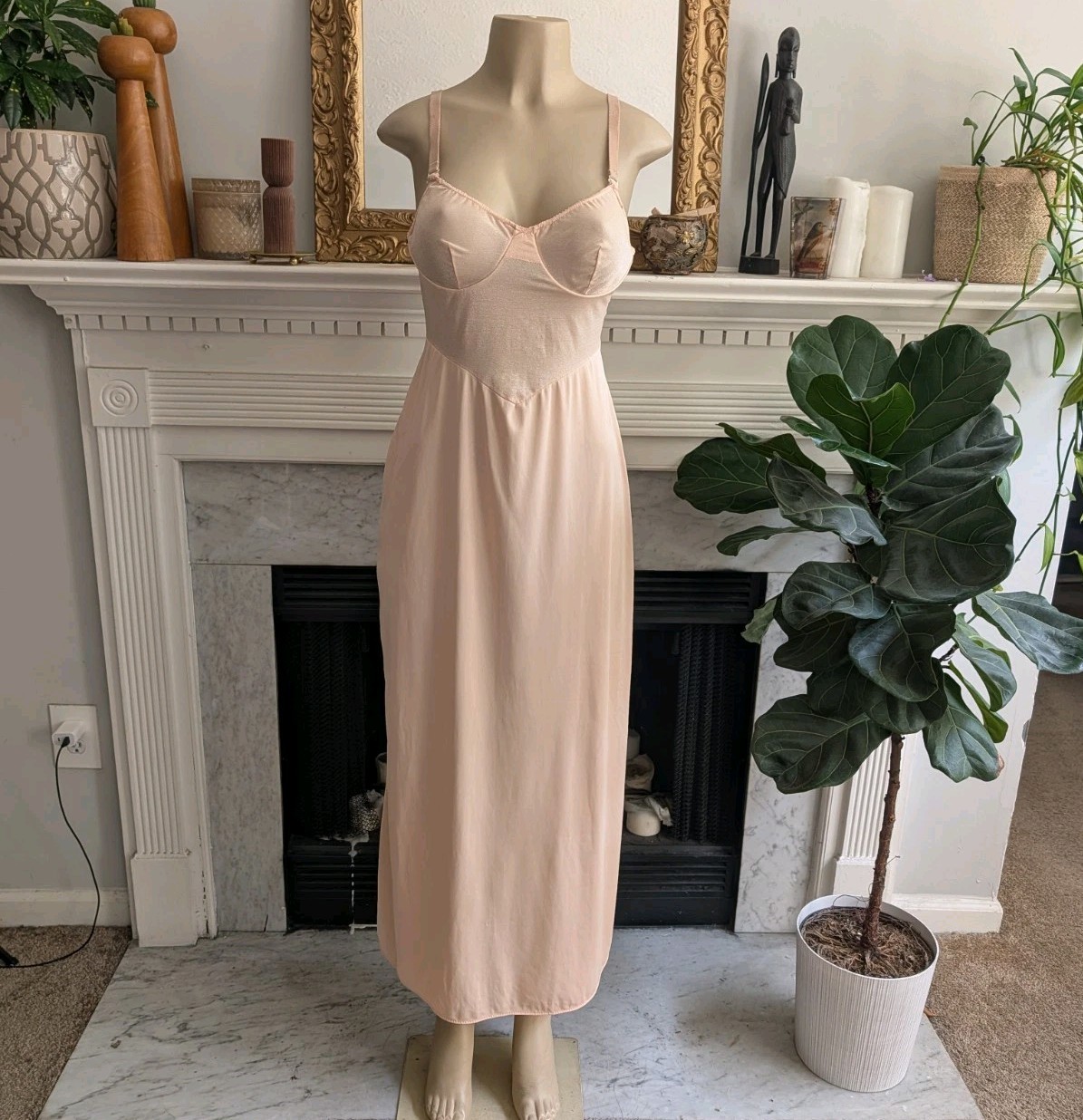 Vintage 80s Glydons Blush Nude Full Slip Dress Antron Nylon Lycra 36 Sheer