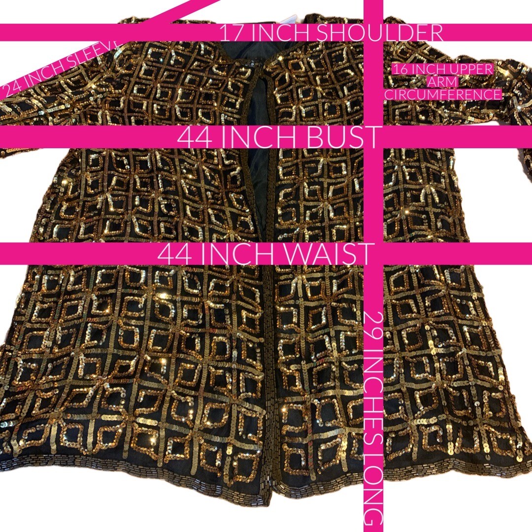 VINTAGE 1980’S CARINA BLACK & GOLD SEQUINS SILK JACKET SIZE XL