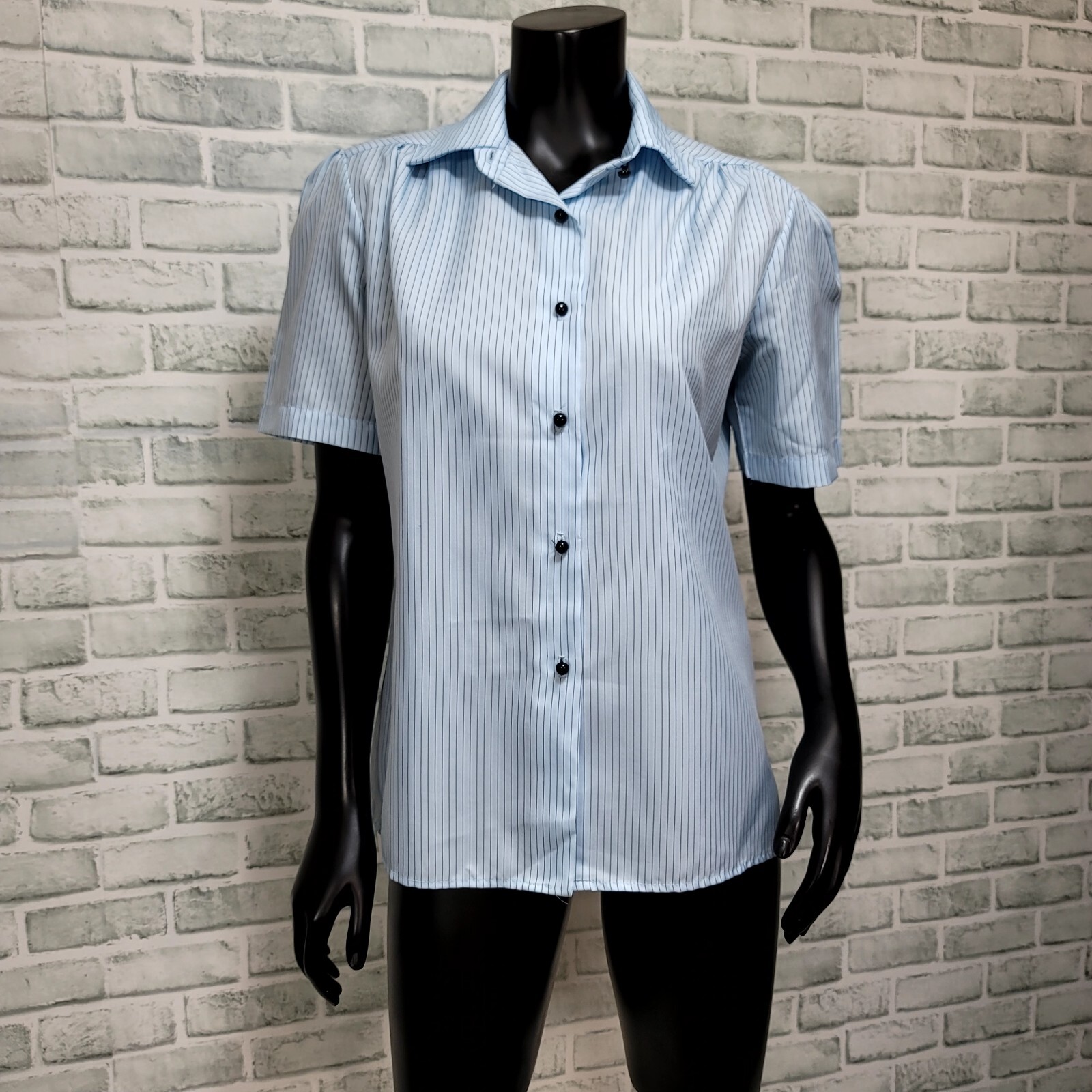 Vintage 80s Rhapsody Womens S/M Blue Vertical Striped Short Sleeve Button Front