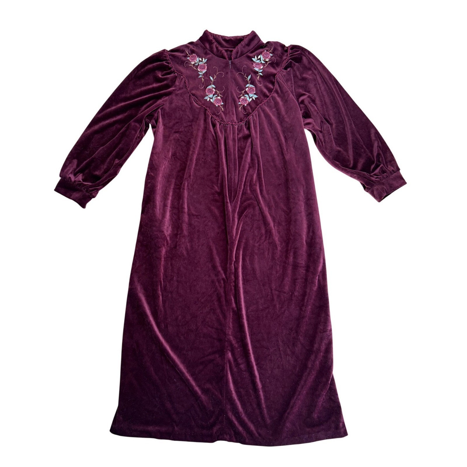 Vintage Burgundy Velour Floral Embroidered Kaftan Robe Dress L housecoat
