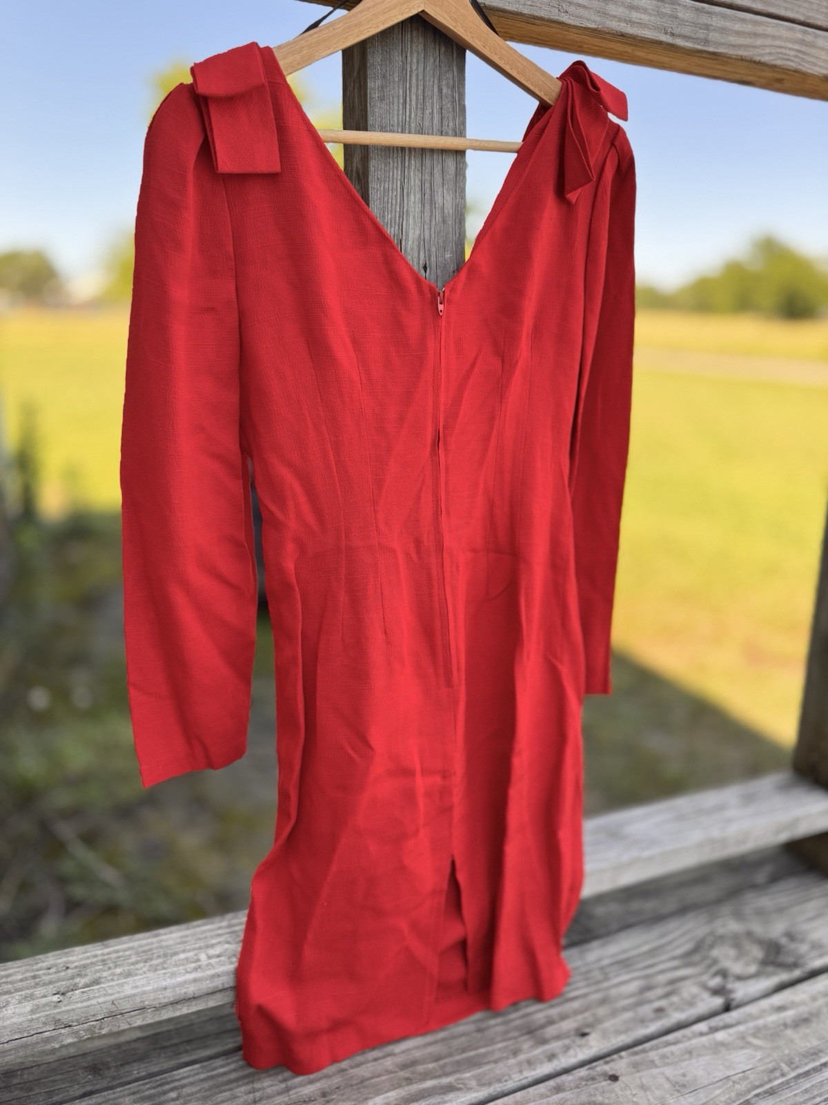 Vintage 80s Red Cocktail Dress Bodycon Midi Long Sleeve Bow Detail Formal Sz 5/6