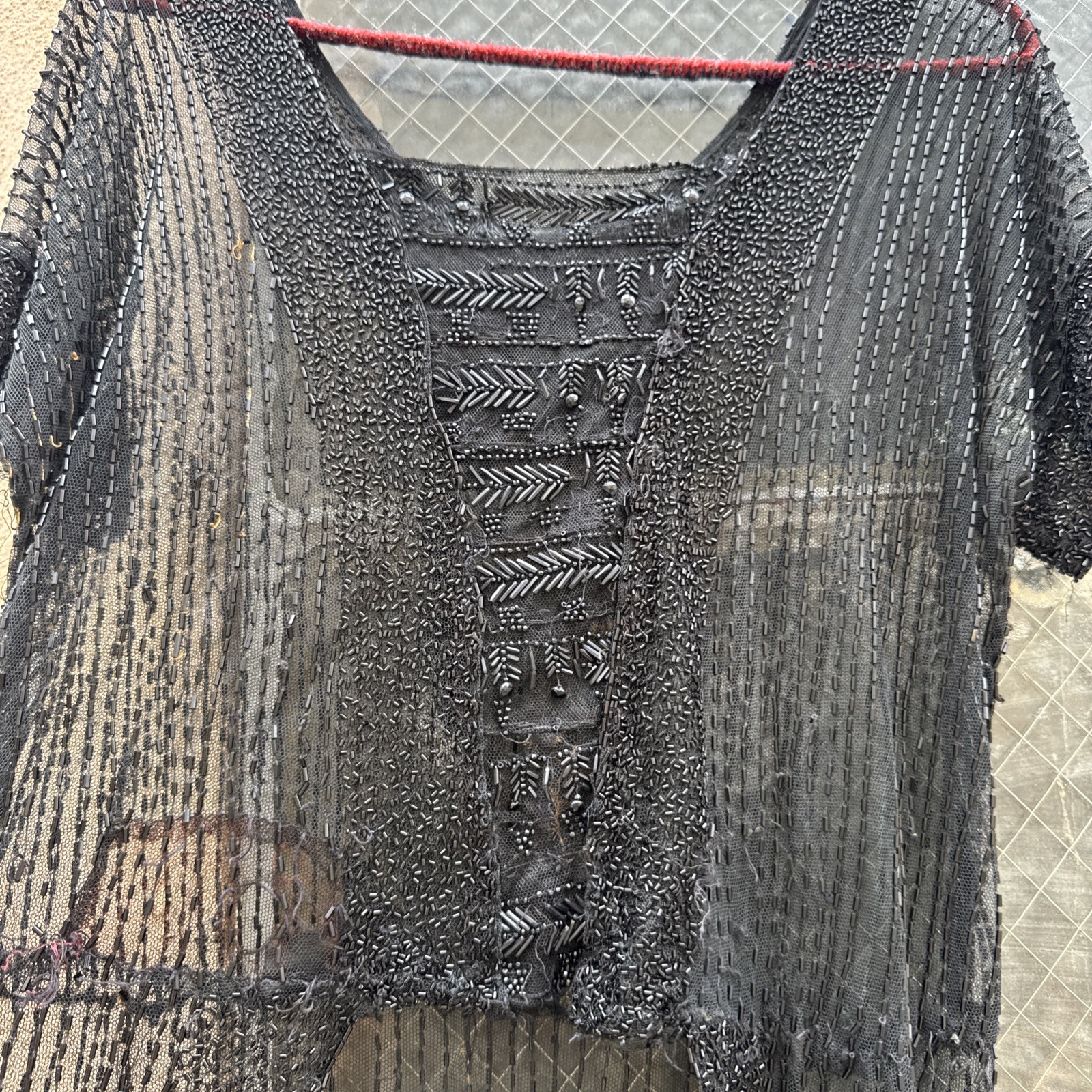 Antique 1920s Black Net Heavily Beaded Dress Train Short in Front Floral Vintage