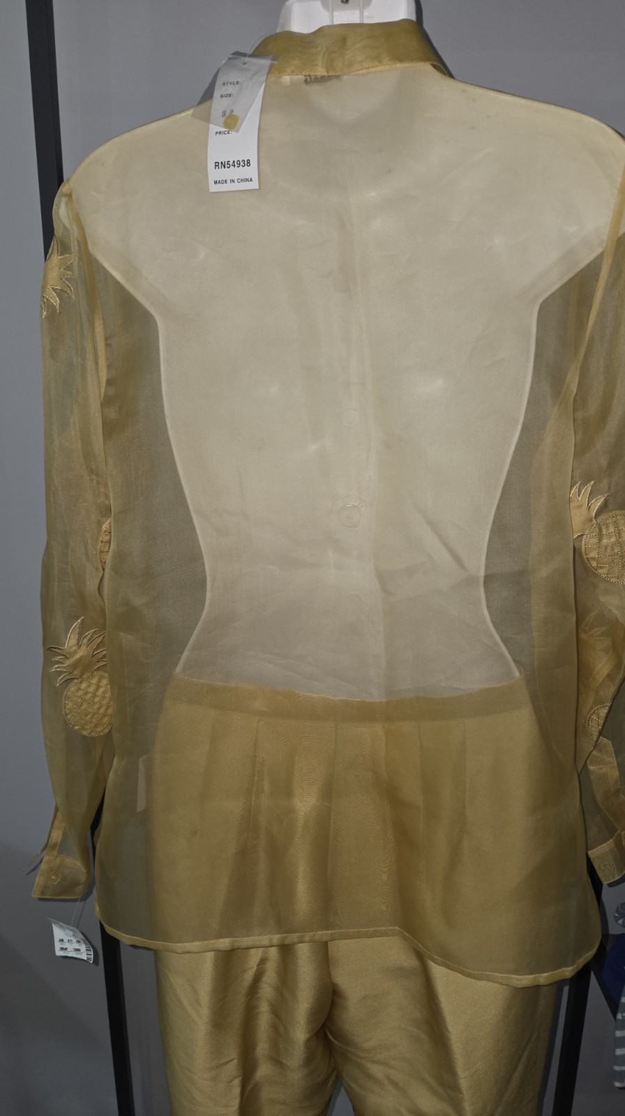 Vintage sz 8 Poetic Petite Gold Silk Outfit Sheer Pineapple Blouse Shell Pants