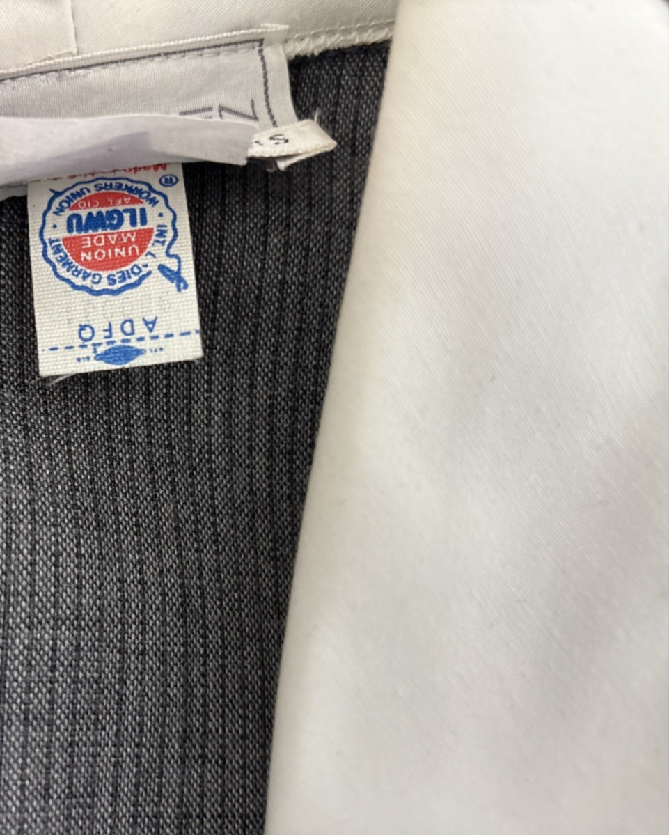 Vintage Grey Pinstripe Dress I Magnin Sz Classic White Collar Red Pocket Scarf