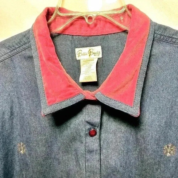 Vintage Bobbie Brooks Womens Blue Denim Button-up Snowman Smock Blouse 22W/24W