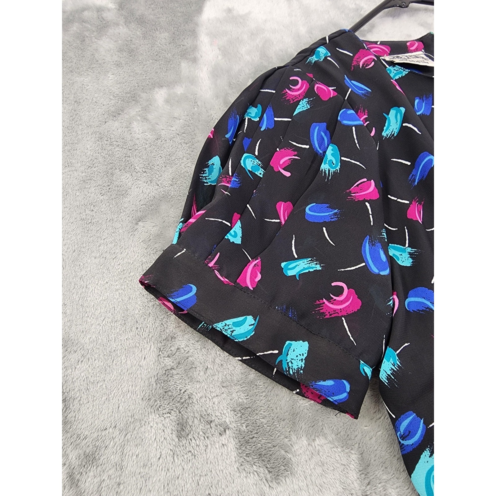 Vintage 80s JB Too Abstract Floral Blouson Pleated Day Dress Size 8 Black Pink