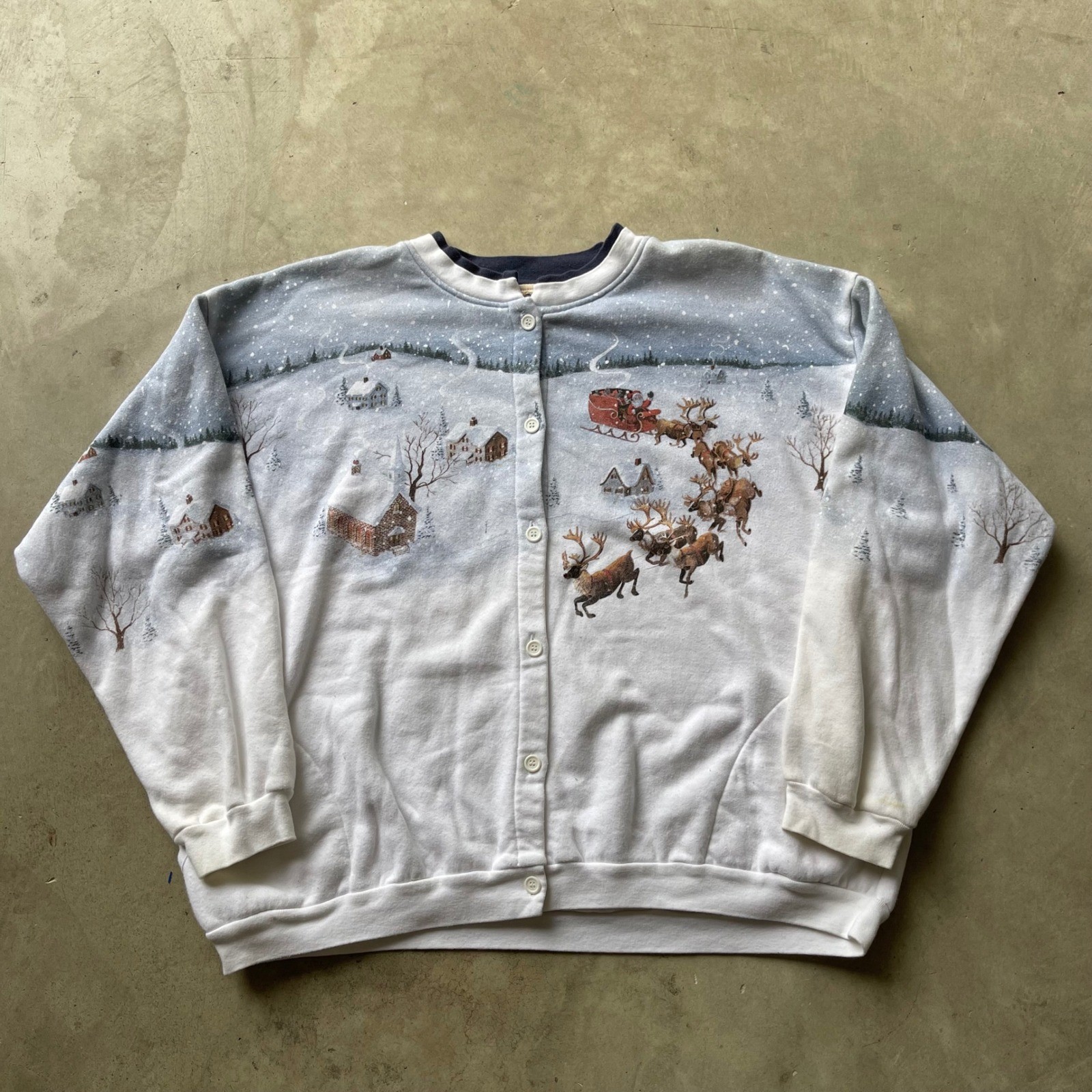 Vintage Christmas Reindeer Santa Scenic Button Front Sweatshirt Cardigan White