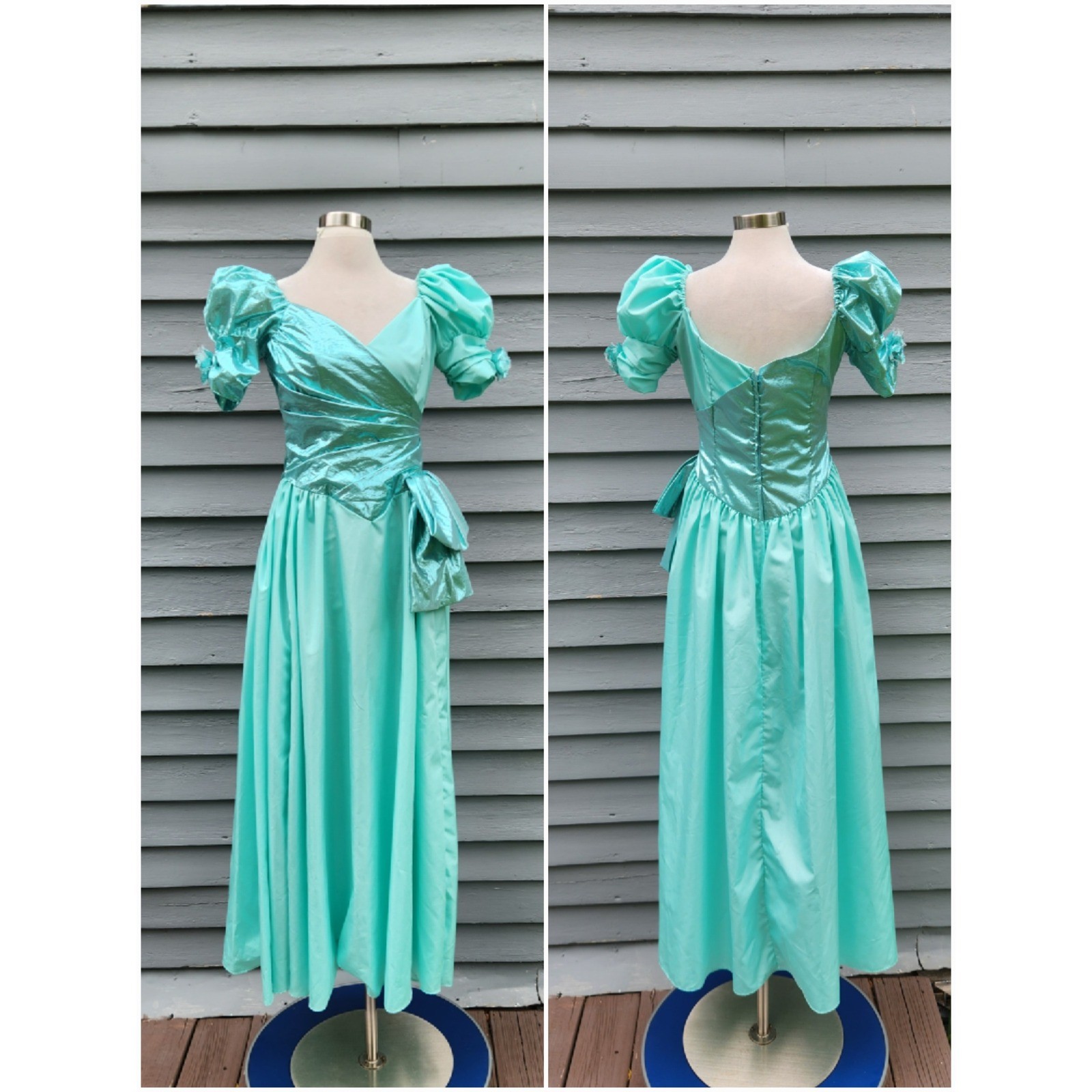 Vintage 80s Prom Dress Teal Metallic Lamé Puff Sleeve Maxi Bow Small