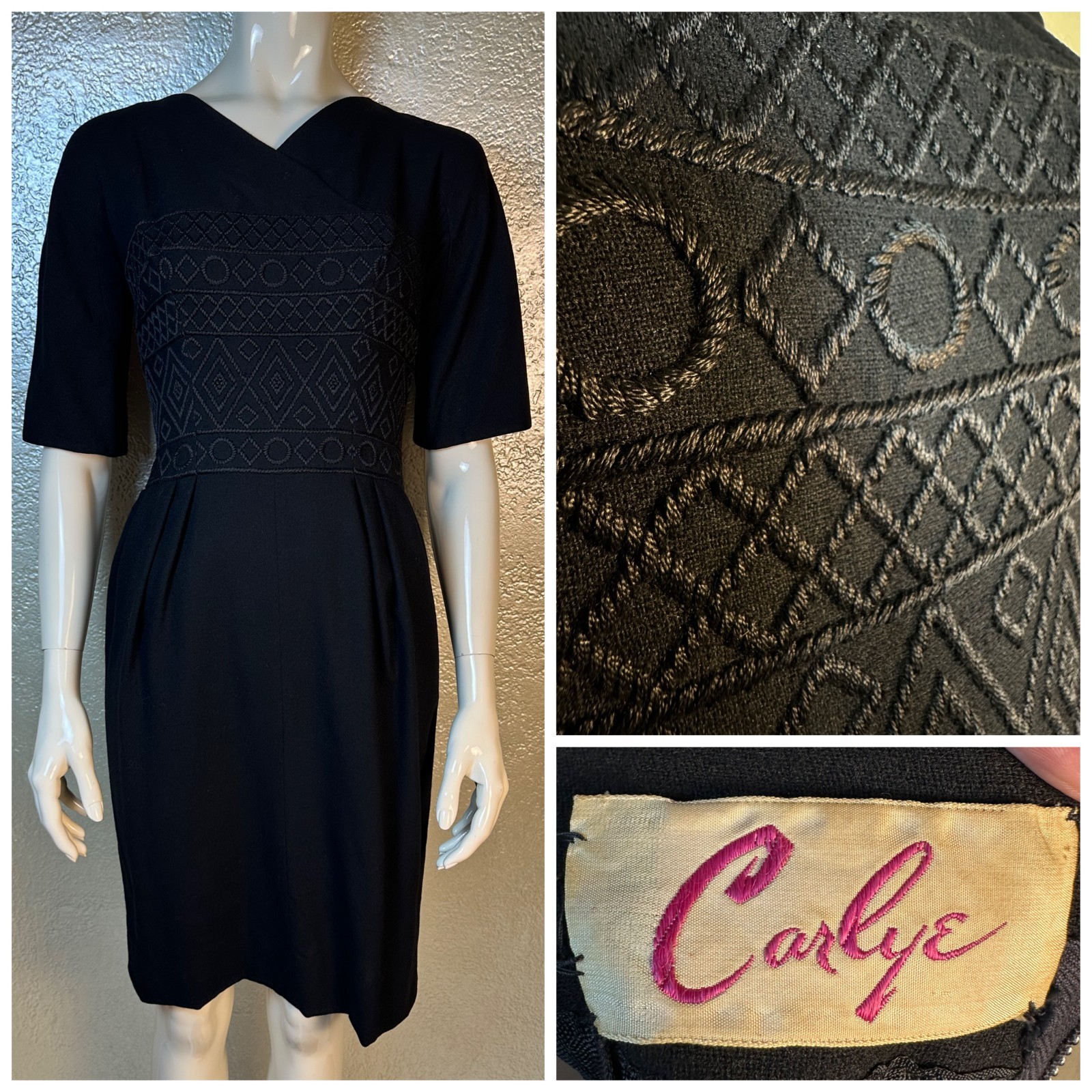 Vintage 1960’s Ladies CARLYE Black Embroidered Wool Short Sleeve Dress SM