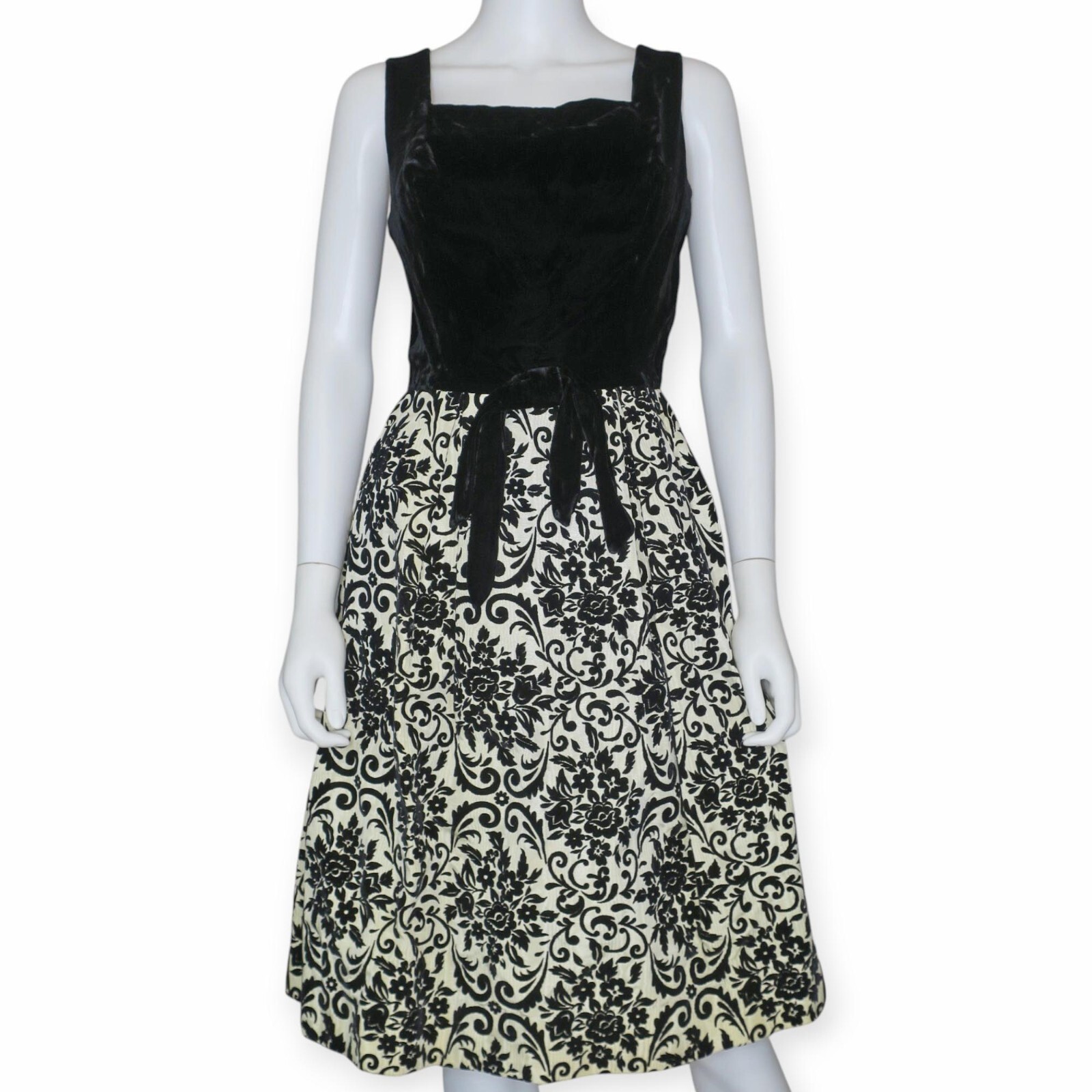 Vintage 50s Dress Black Velvet Bow Bodice Brocade Glam Party Women’s Small