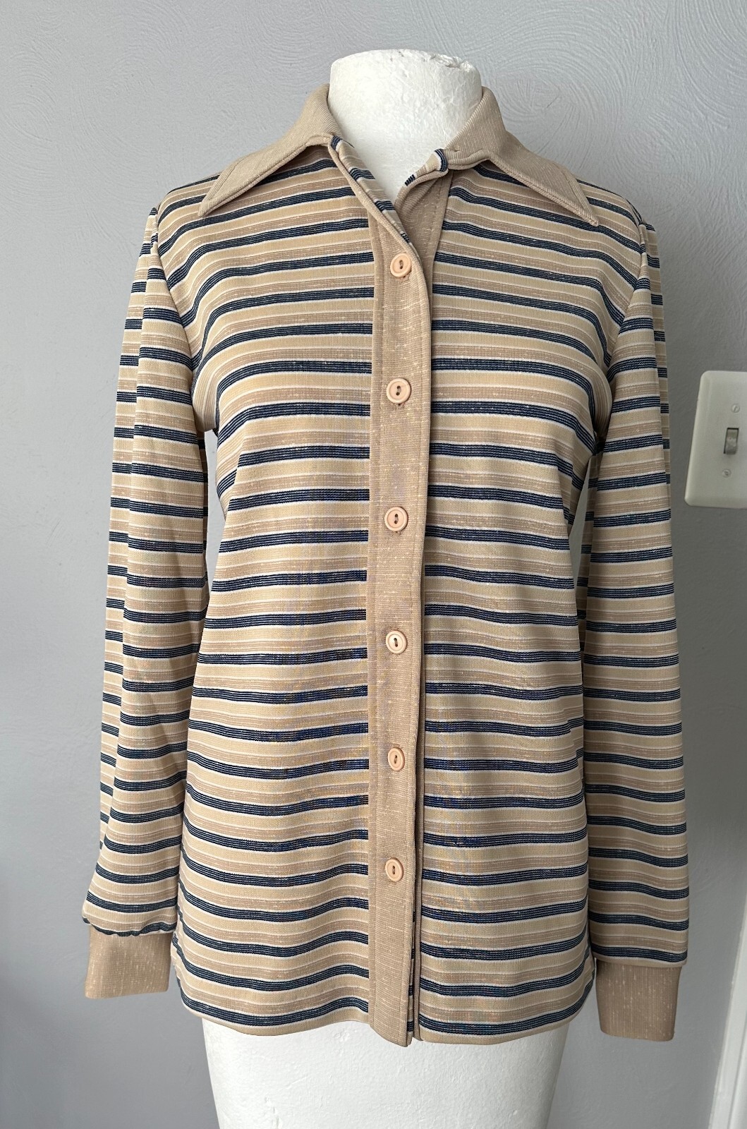 Vintage Sears Women Beige & Blue Striped Long Sleeve Polyester Shirt Blouse 10