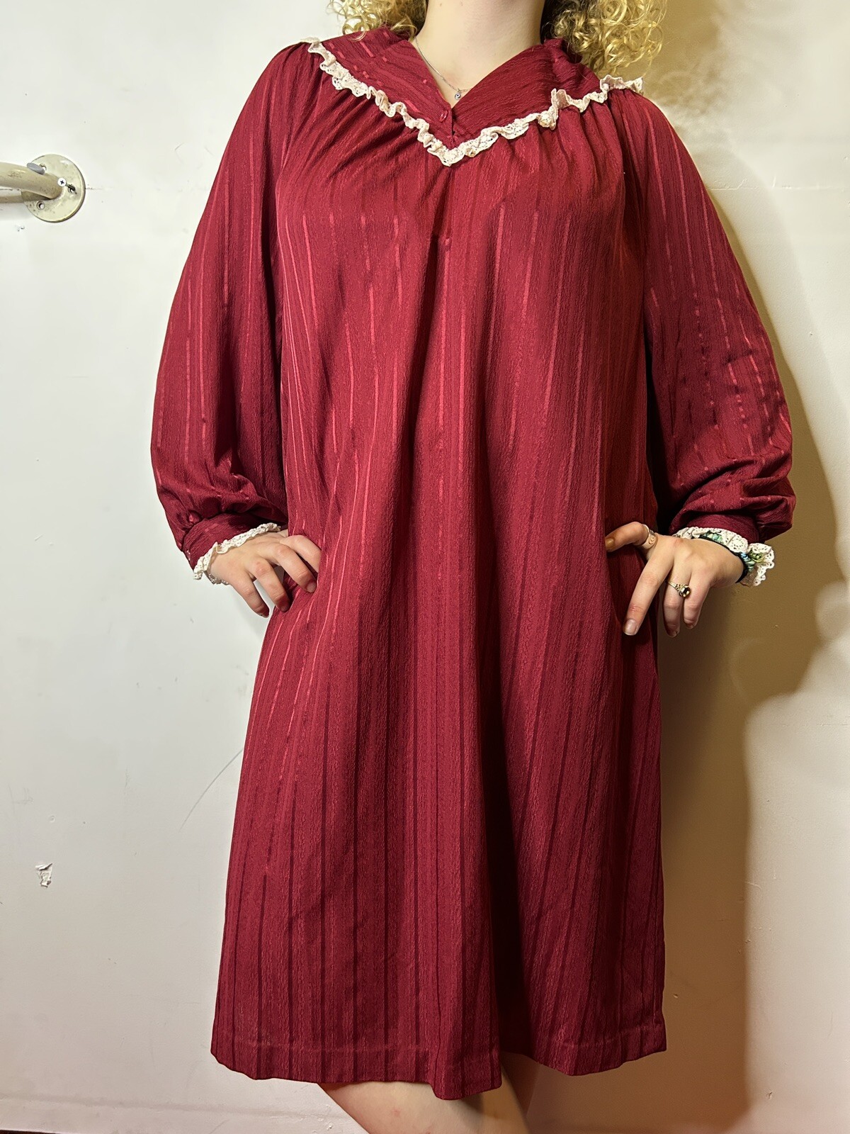 Vintage Australian ARC 80s Burgundy Midi Trapeze Dress Lace Yoke Pinstripe AU 14