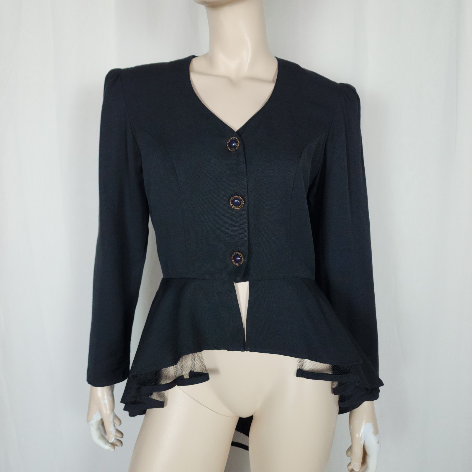 Vtg 80s flirty peplum tuxedo blazer with peekaboo crinoline black M