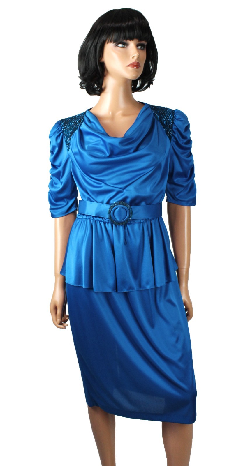 80s Cocktail Gown Sz 13 M L Vintage Sparkly Blue Peplum Stretchy Prom Dress