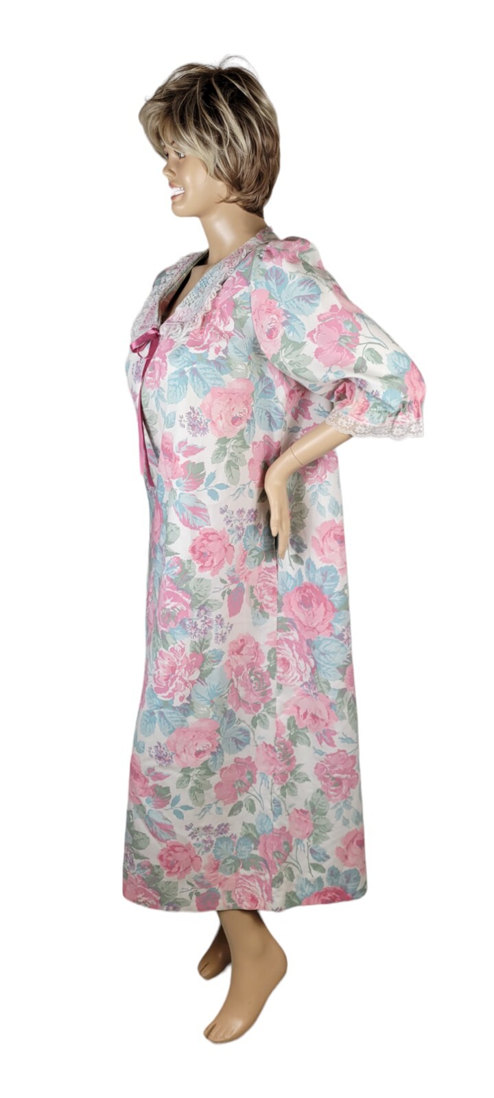 Vintage Wolverine Zip Dressing Gown Robe Pastel Floral Peter Pan Lace Collar L