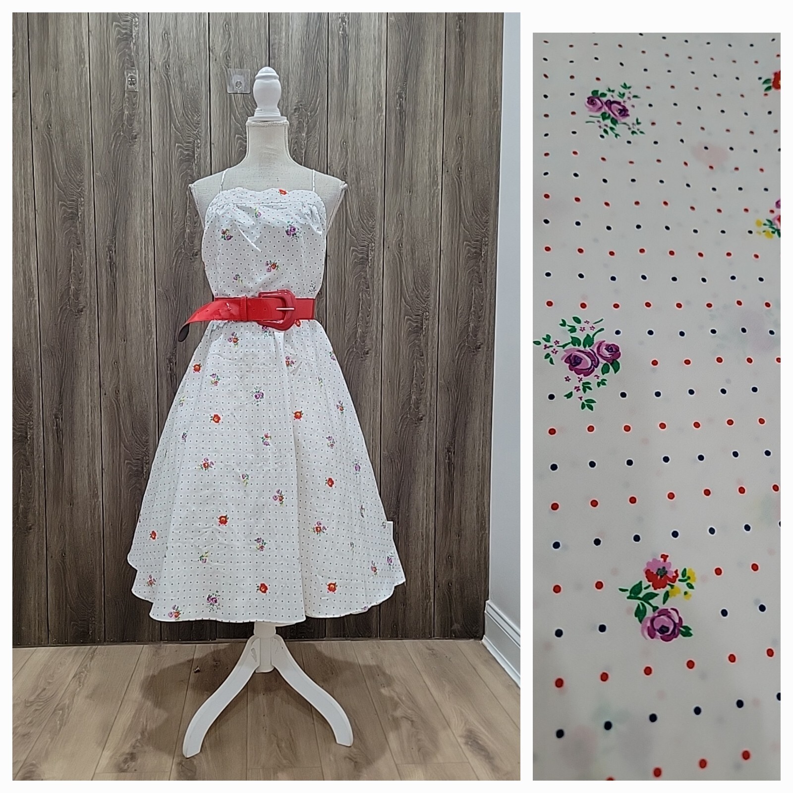 Vintage’80s Tea Garden Floral Polka Dots Party Polyester Dress