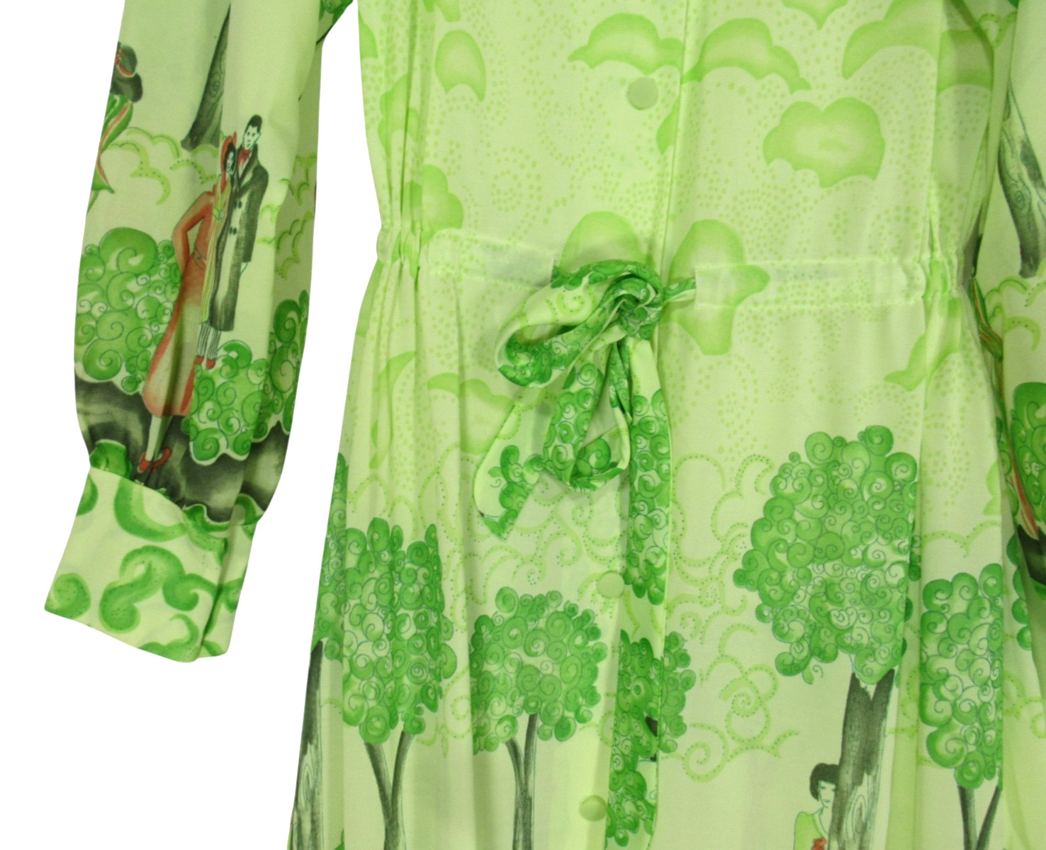 VTG Nylon GREEN TOILE Button-Up/Tie RUFFLE HEM Lounge ROBE/NIGHTGOWN SET Sz XS