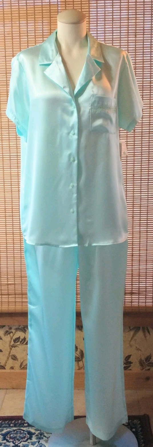 Vintage Adonna Pajama Set Pale Aqua Short Sleeve w Pocket Satin Poly Sz LG NWT