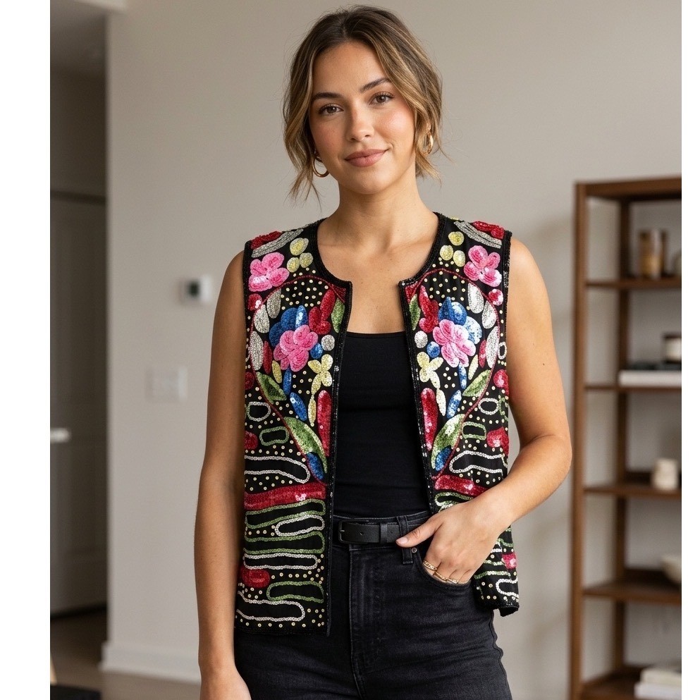 Vintage 80s Silk Beaded Sequin Vest Floral Heart Multicolor Black Size M L
