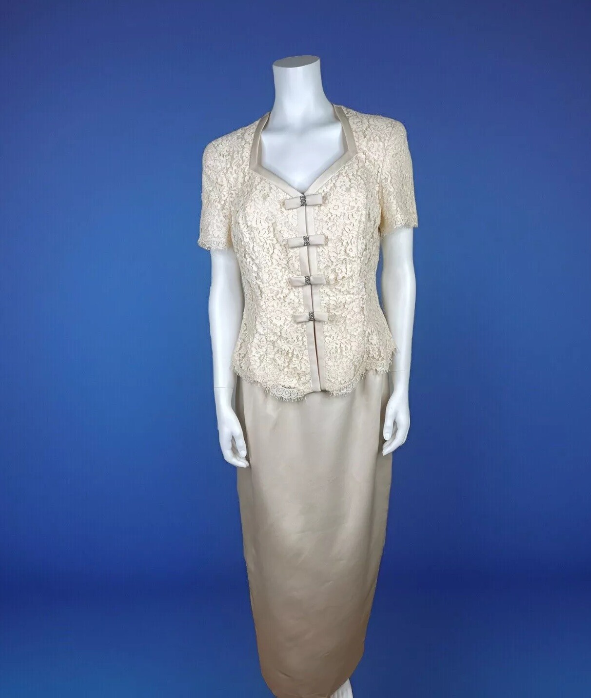 Vintage Cachet By Bari Protas Victorian Champagne skirt Top dress lace bows 12