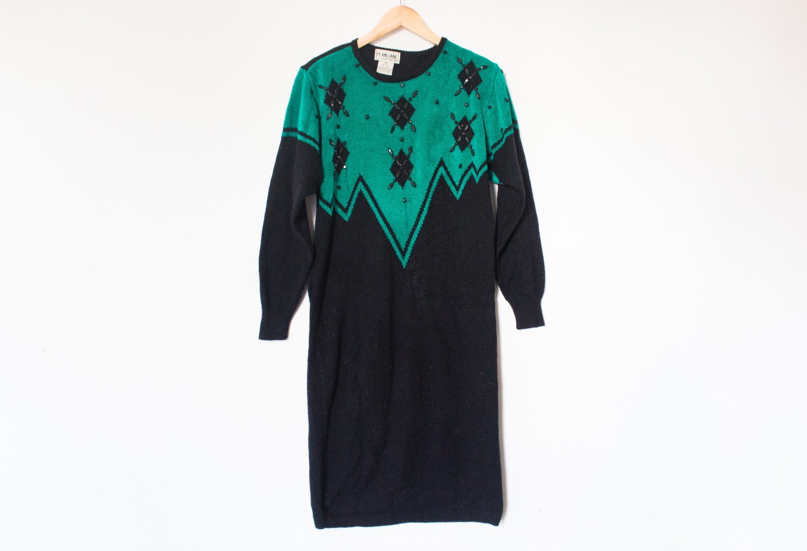 Plain Jane | Vintage 80’s/90’s Teal & Black Bejeweled Sweater Dress | Size S