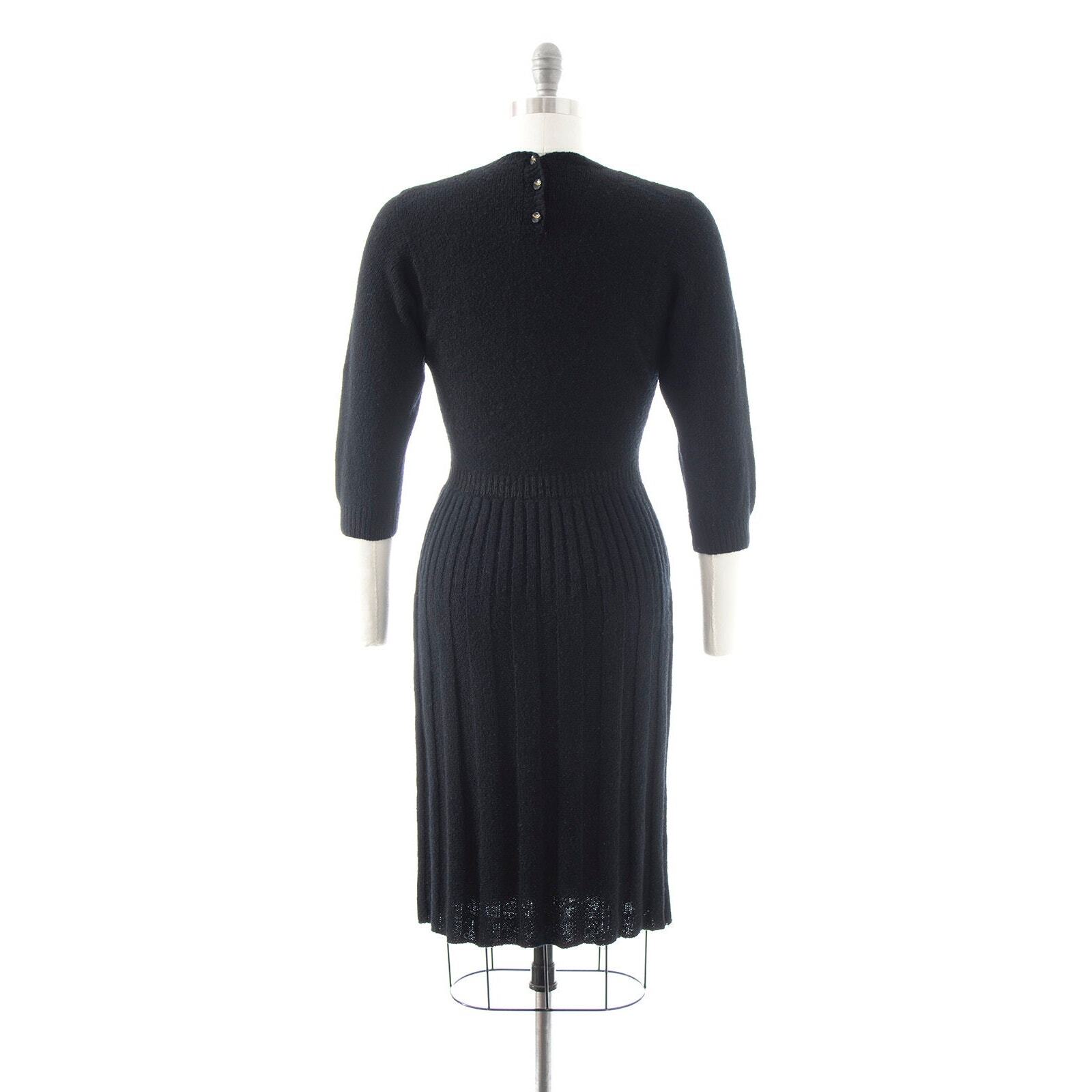 Vintage 1940s 1950s Sweater Dress Black Knit Wool Stretchy Sheath Pin Up Wiggle