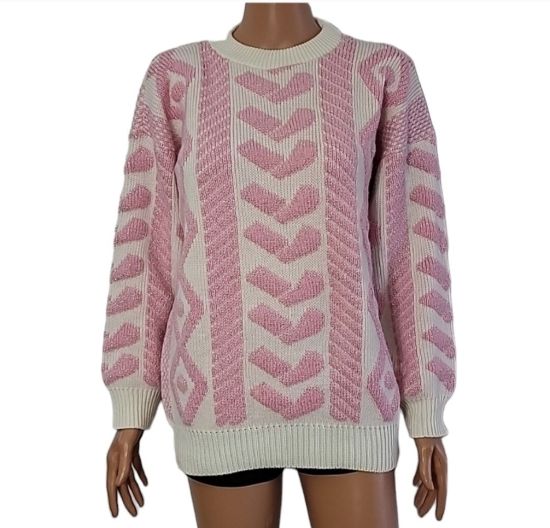 Spunky Metallic Pink/White Sweater Womens S/M Mock Neck Hearts print Knit Top
