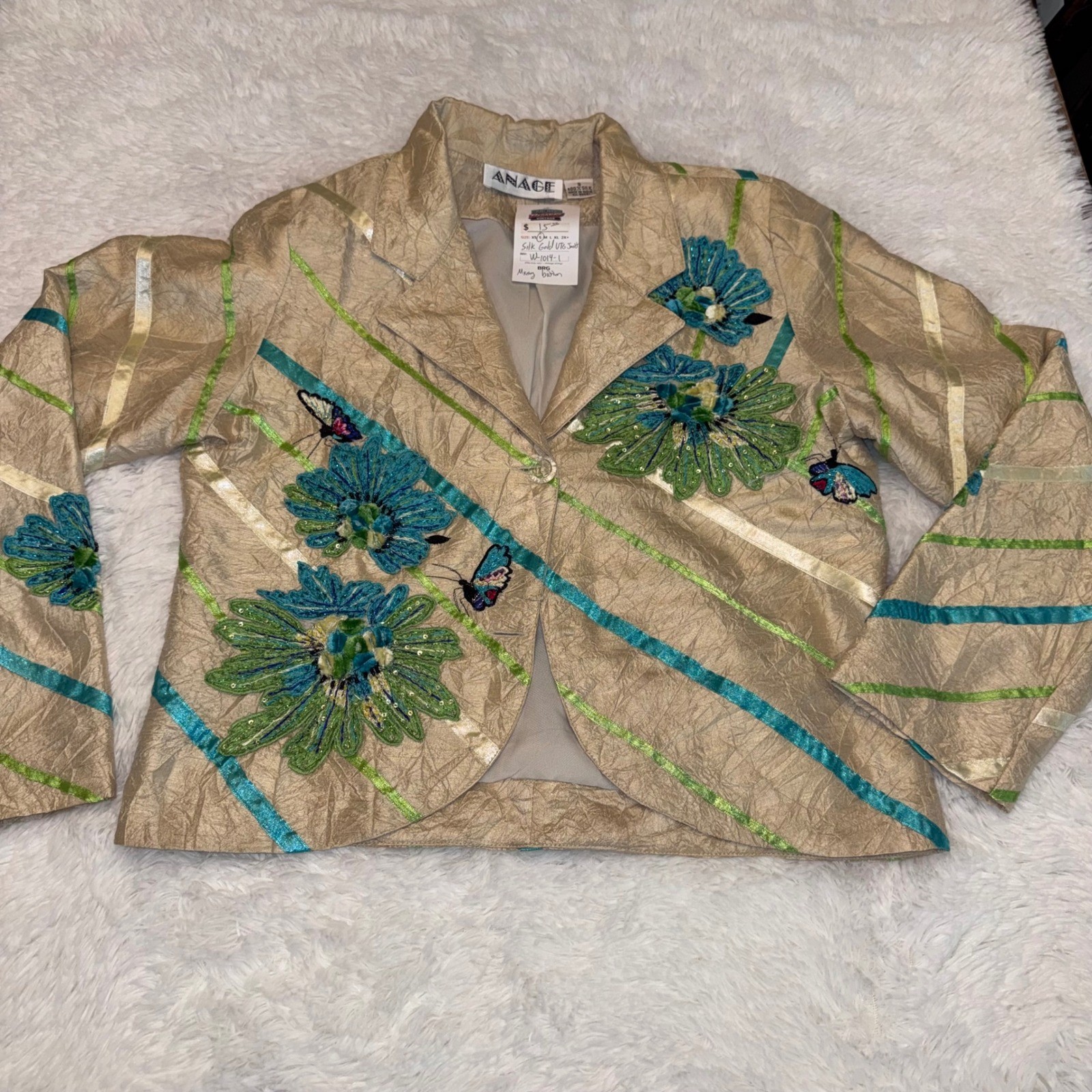 Anage Silk Jacket Womens Small Gold Fair Floral Butterfly Embellished Vintage