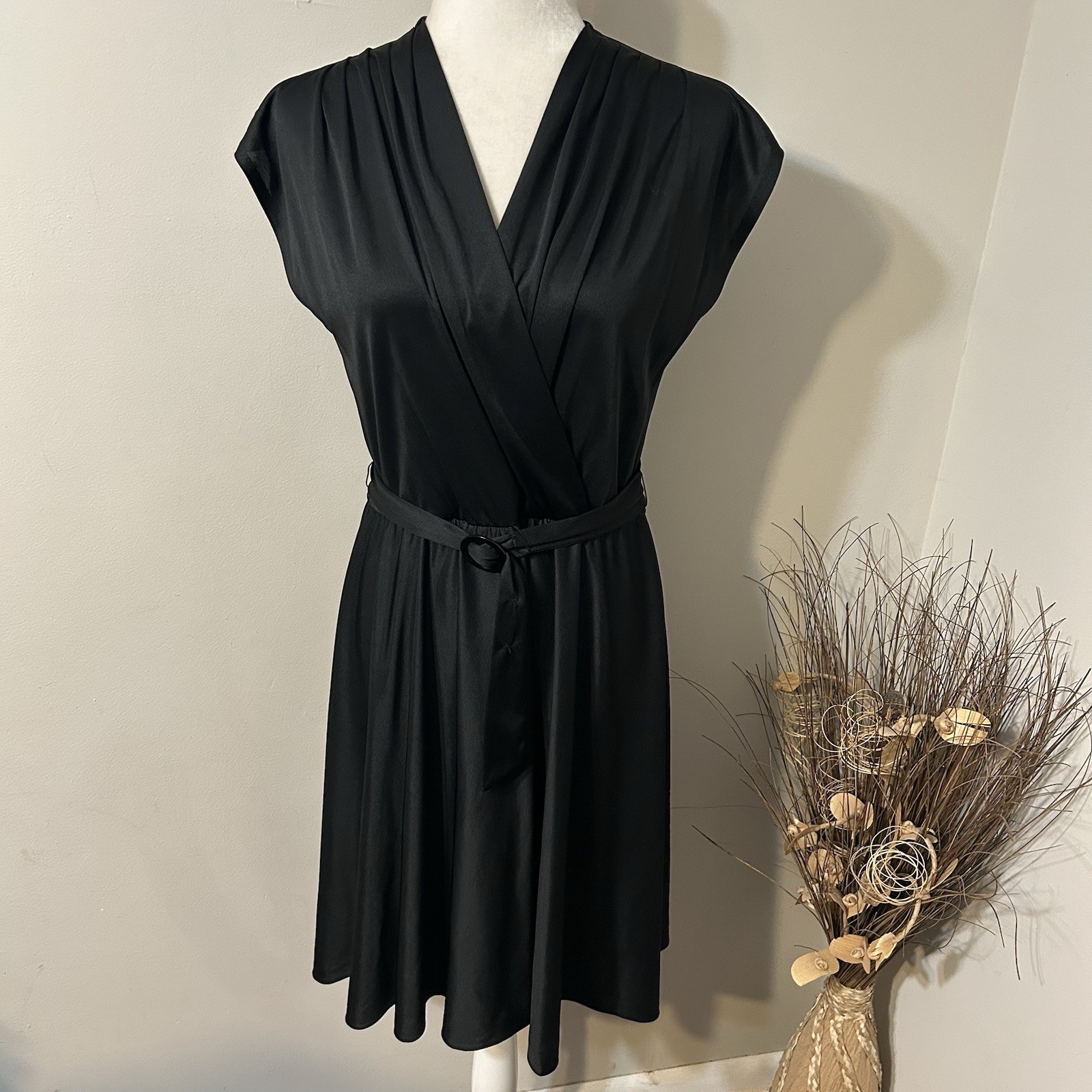 Vtg 89s Alison Peters Black Faux Wrap Midi Dress Cap Sleeve Pleated Belt Sz 10 ?