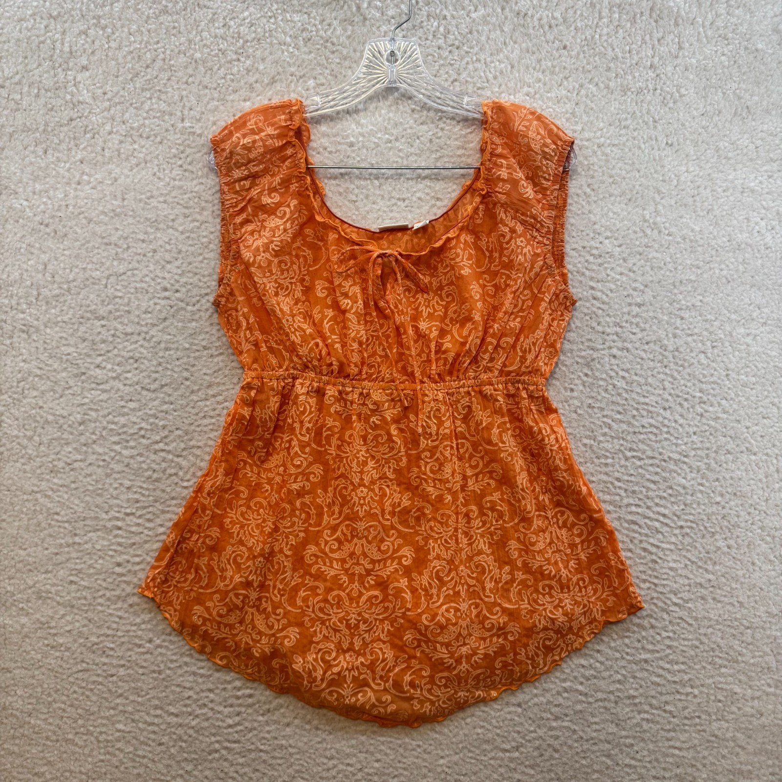 Y2K Vintage Milkmaid Babydoll Top Medium Large Orange Mesh Cap Sleeve Peasant