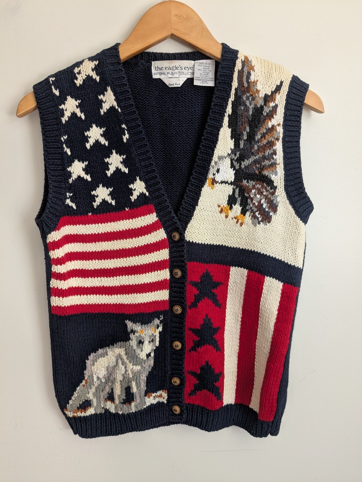 Vtg Eagles Eye Handknit Cotton Sweater Vest Patriotic USA Flag Eagle Womens S
