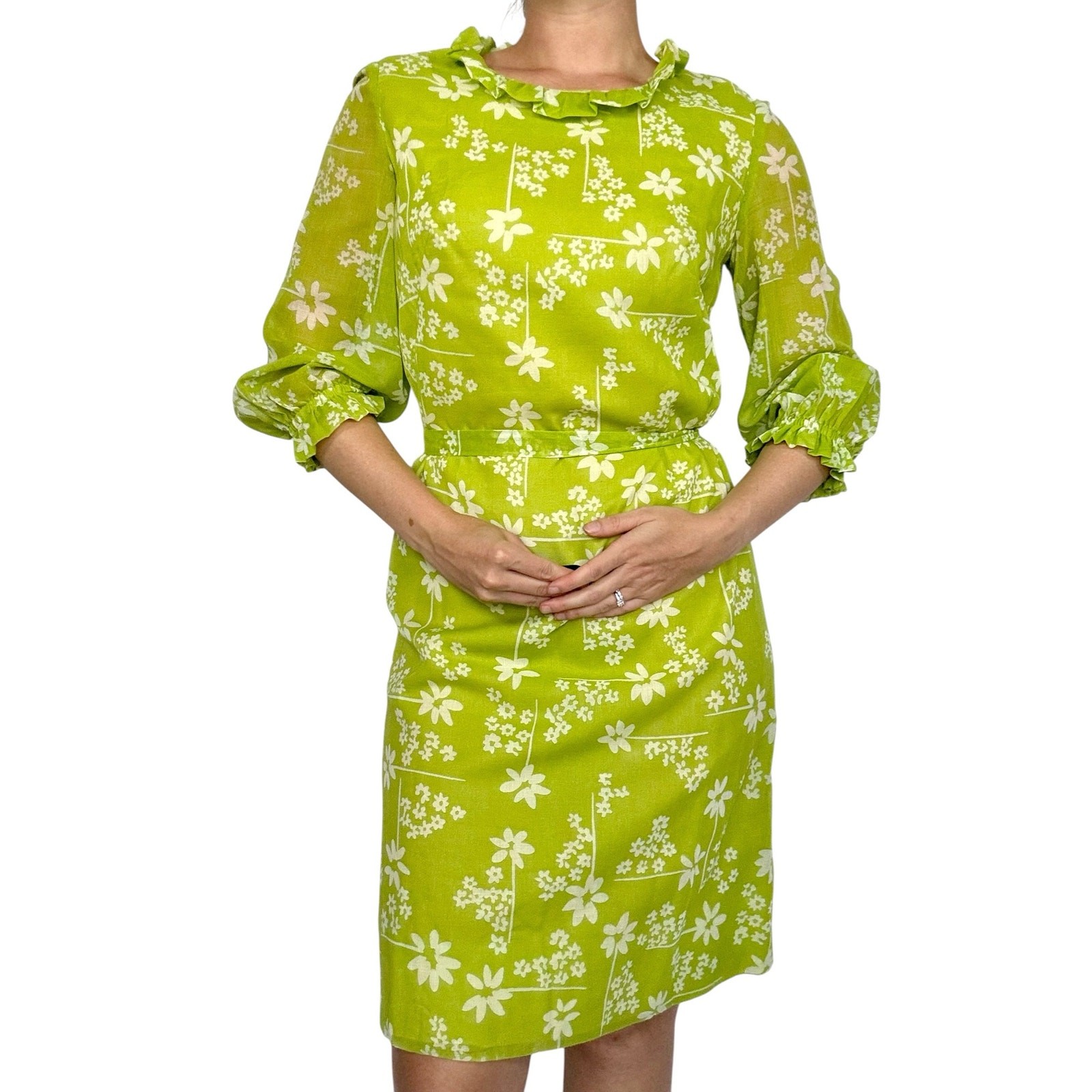1960s Marjorie Montgomery Nina Raynor Lime Green Floral Cotton Shift Dress Belt