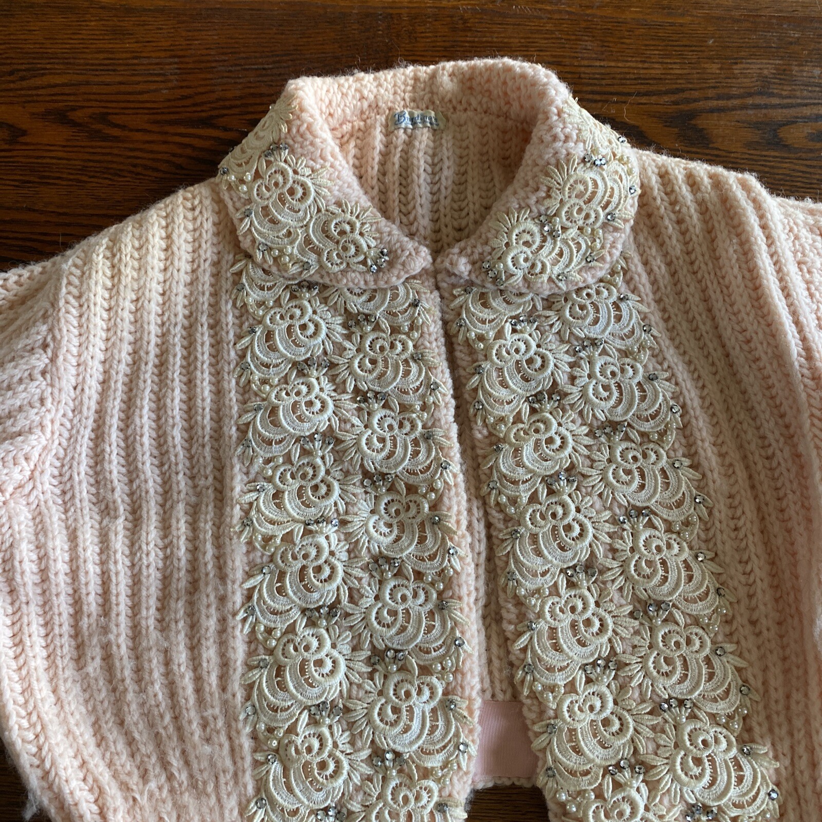 Vintage Cottage Core Pin Up Cardigan Sweater Pale Pink Rhinestones Appliques