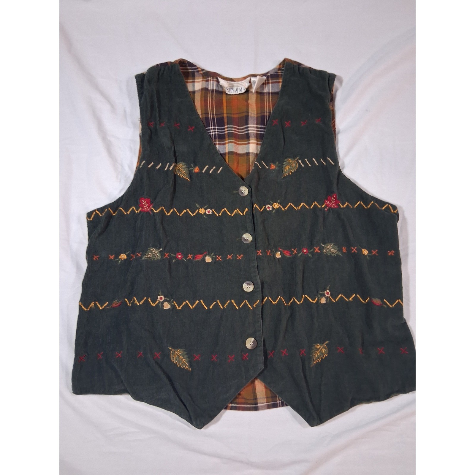 Casey & Max Vintage 90s Green Corduroy Plaid Embroidered Fall Vest Womens Medium