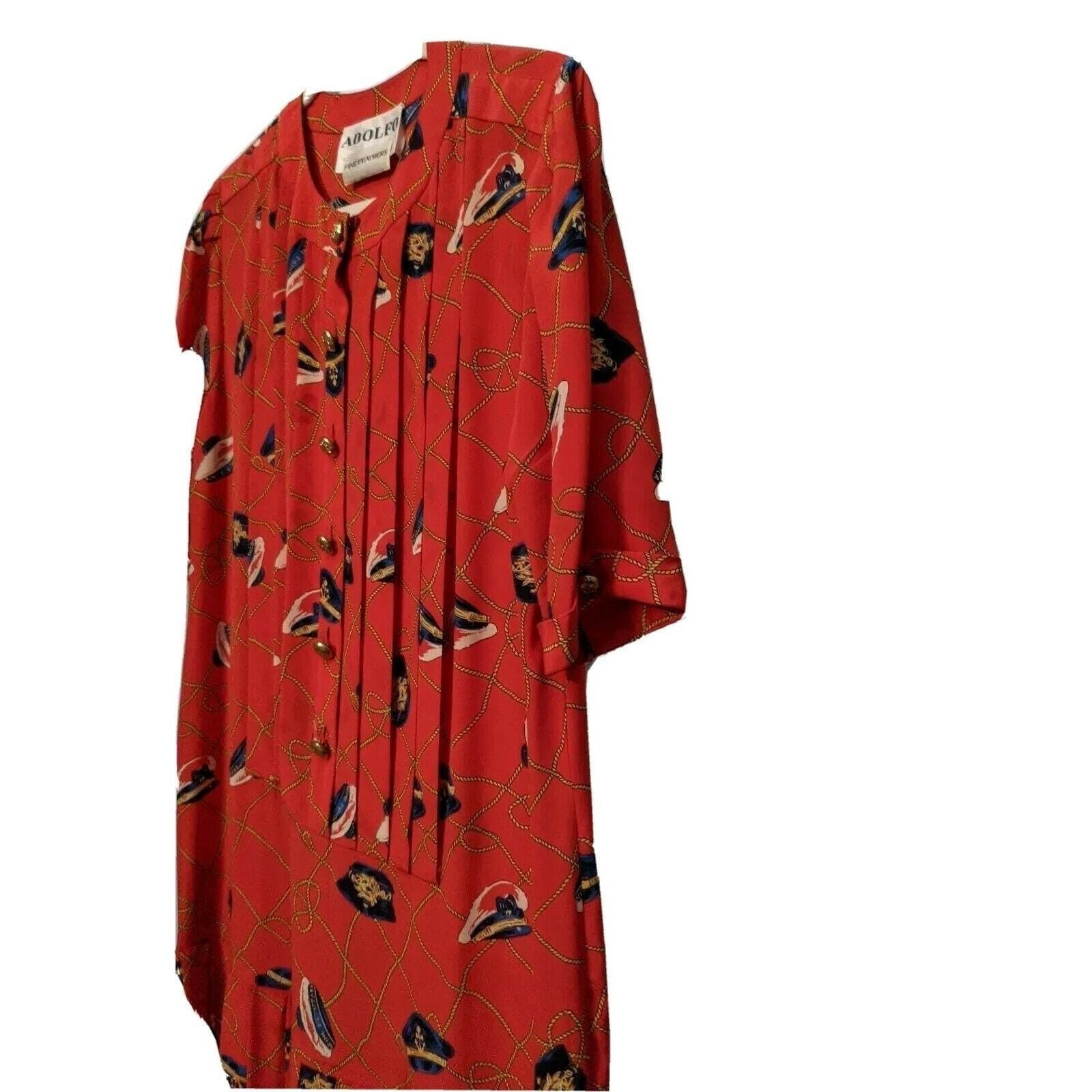 Adolfo Fine Feathers Red Nautical Dress Captain Hat Rope Print Vintage 80s