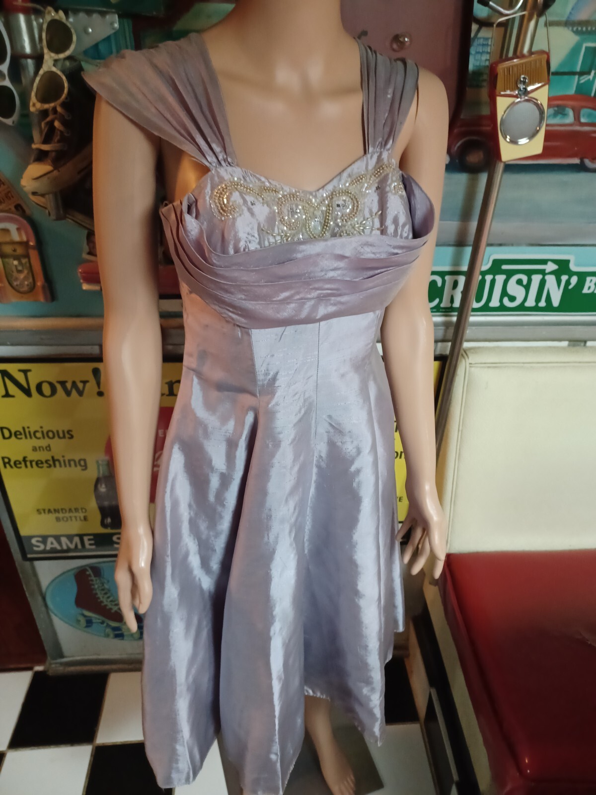 True VTG Mid-century 1940s 1950s Iridescent Satin Cocktail Prom Dress Art Deco S