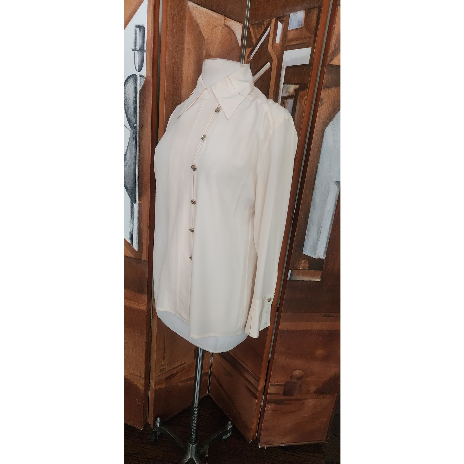 Vintage 1980s Karl Lagerfeld Blouse Cream Silk Shirt Asymmetric Button Down Med