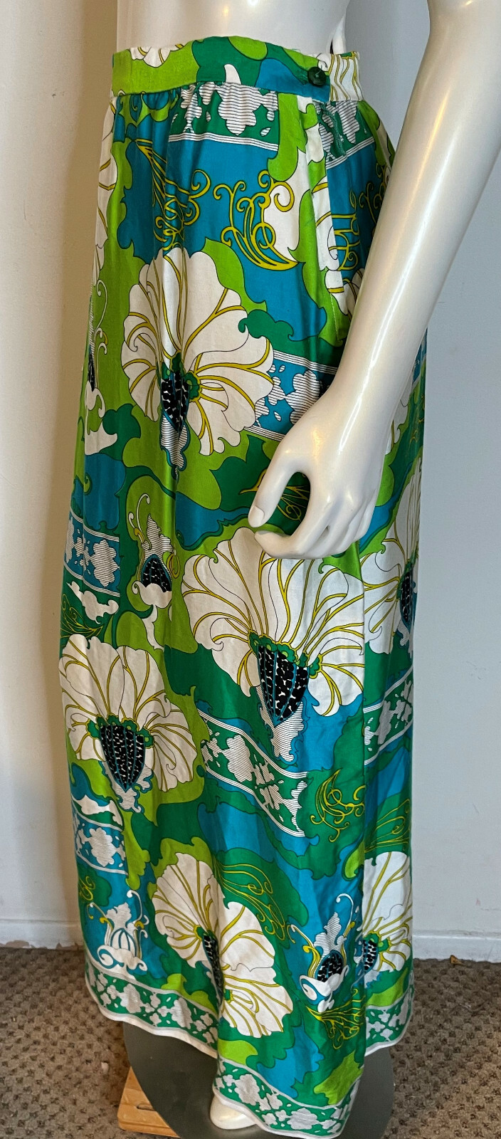 Vintage Alex Coleman 60s 70s Mod Floral Long Maxi Skirt S M Green Blue Art Deco