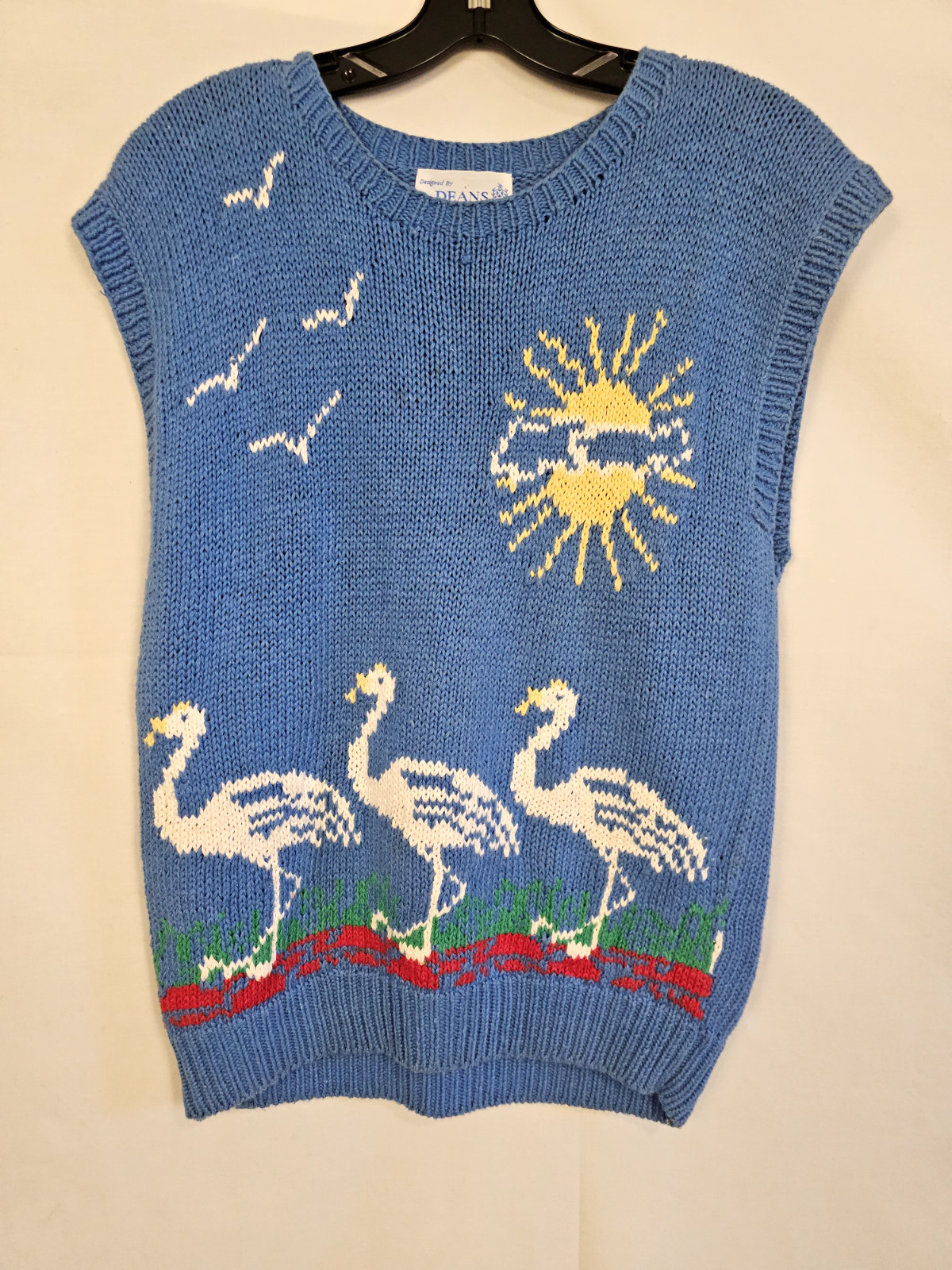 Vintage 1990s Sweater Vest Deans of Scotland Blue Flamingos and Sun Print Size L