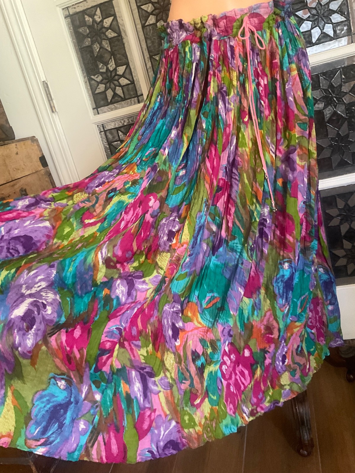 VTG Maxi Skirt Cotton Gauze Thin Drawstring Waist Semi-sheer Fairy Boho